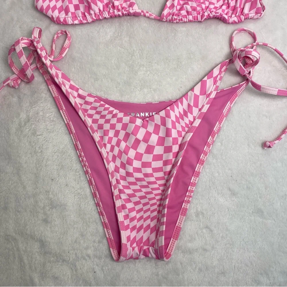 Frankie's Bikinis Pink Checkered Swimsuit Set Morrison Pattern Side-tie Bottoms
